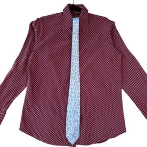 Move Button Down Shirt Tie Set Burgundy Diagonal Stripe Y2K Business Office XL